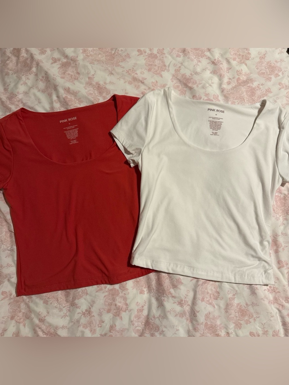 Pink Rose Scoop Neck Women's Top - Red and White